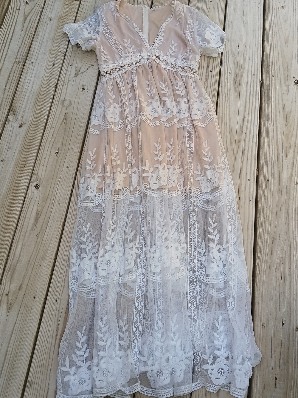 Sheer Ivory Lace Maxi Dress with Embroidered Floral Overlay